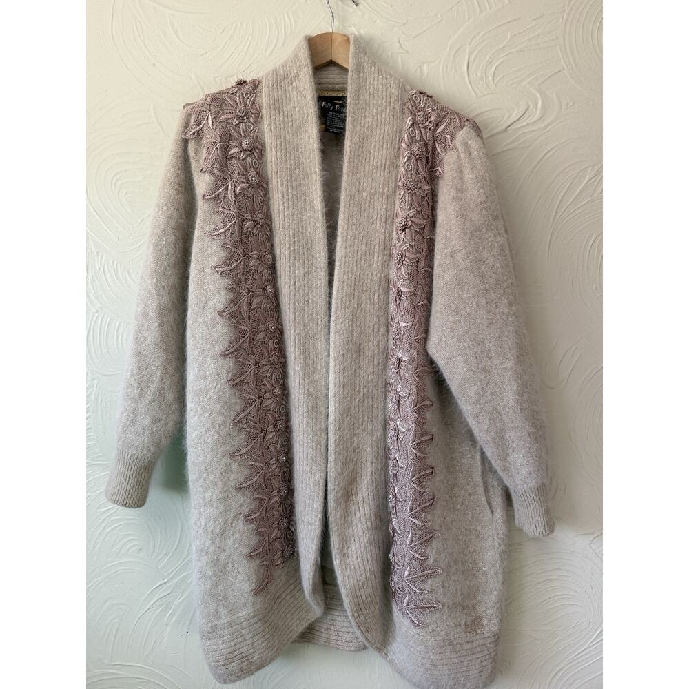 Vintage Fully Fashion Angora Rabbit Blend Cardigan Lace Trim Beaded Open